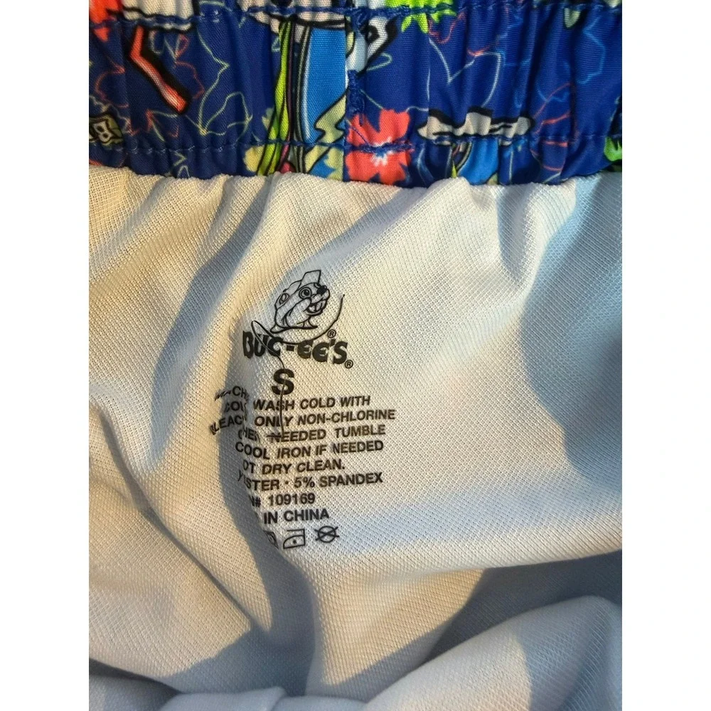 Buc-ee's Mens Swim Trunks Blue Tropical Beaver Print Mesh Lined Shorts Small